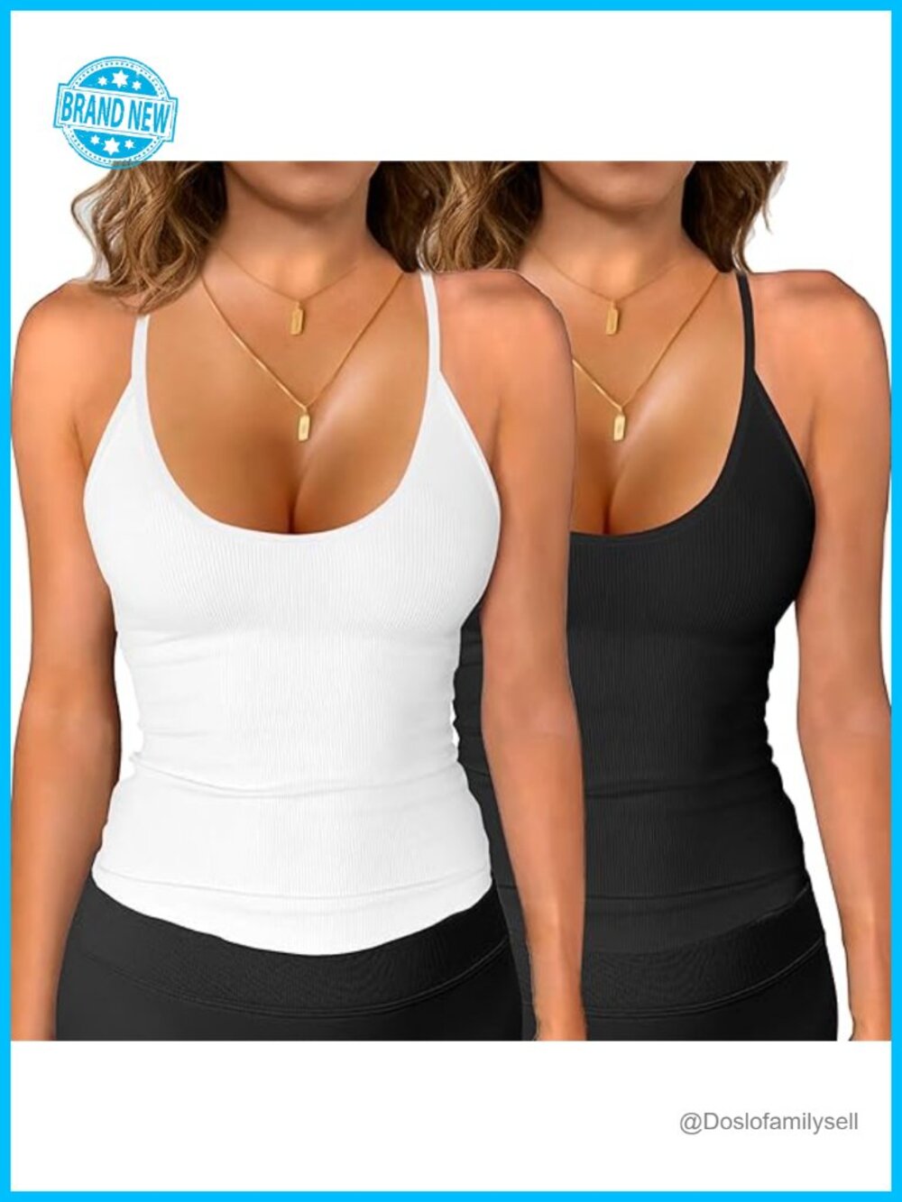 Tank Top with Built in Shelf Bra U Neck Slim Fit Ribbed Sleeveless
